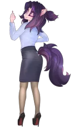 Size: 2500x4400 | Tagged: safe, alternate version, artist:lakunae, derpibooru import, oc, oc:violet, unofficial characters only, anthro, pony, anthro oc, clothes, female, fuck you, high heels, image, looking at you, looking back, makeup, mare, office lady, pantyhose, pencil skirt, png, shirt, shoes, skirt, smiling, tube skirt