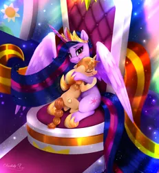 Size: 4346x4708 | Tagged: safe, artist:darksly, derpibooru import, twilight sparkle, twilight sparkle (alicorn), oc, oc:morning latte, alicorn, unicorn, beautiful, blaze (coat marking), butt, coat markings, commission, facial markings, horn, hug, image, jewelry, jpeg, pigtails, plot, regalia, socks (coat marking), spread wings, throne, unicorn oc, wings