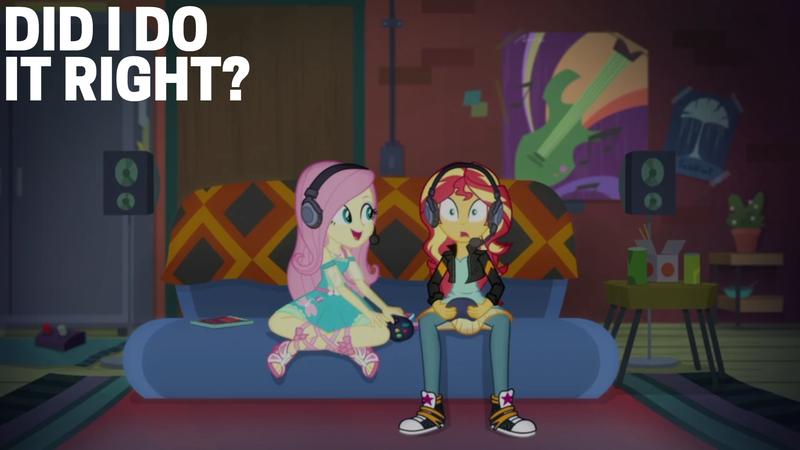 Size: 1920x1080 | Tagged: safe, derpibooru import, edit, edited screencap, editor:quoterific, screencap, fluttershy, sunset shimmer, equestria girls, equestria girls series, game stream, spoiler:eqg series (season 2), controller, couch, duo, duo female, female, gamer sunset, headphones, headset mic, image, looking at someone, open mouth, open smile, png, shocked, shocked expression, shrunken pupils, smiling