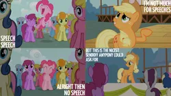 Size: 2000x1125 | Tagged: safe, derpibooru import, edit, edited screencap, editor:quoterific, screencap, applejack, berry punch, berryshine, bon bon, carrot top, cherry berry, daisy, flower wishes, golden harvest, linky, pinkie pie, shoeshine, sweetie drops, written script, earth pony, pony, the last roundup, applejack's hat, background pony, background pony audience, cowboy hat, excited, eyes closed, female, freckles, frown, grin, hat, head tilt, image, jumping, male, mare, open mouth, open smile, png, smiling, stallion