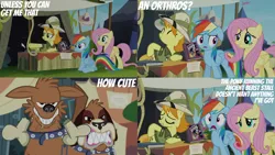 Size: 2000x1125 | Tagged: safe, derpibooru import, edit, edited screencap, editor:quoterific, screencap, daring do, fluttershy, orthros, rainbow dash, dog, pegasus, pony, season 4, trade ya, bone, book, clothes, daring do book, drool, eyes closed, female, floppy ears, grin, gritted teeth, hat, image, mare, multiple heads, open mouth, png, pointing, rainbow dash is best facemaker, safari hat, shocked, smiling, teeth, two heads