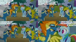 Size: 4400x2475 | Tagged: safe, derpibooru import, edit, edited screencap, editor:quoterific, screencap, misty fly, rainbow dash, soarin', spitfire, surprise, pegasus, pony, newbie dash, bandage, clothes, eyes closed, female, frown, grin, gritted teeth, image, injured, male, mare, open mouth, open smile, png, smiling, spread wings, stallion, teeth, uniform, wings, wonderbolts uniform