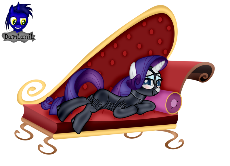 Size: 4154x3000 | Tagged: safe, alternate version, artist:damlanil, derpibooru import, rarity, pony, unicorn, bdsm, blushing, bodysuit, bondage, bondage mask, boots, catsuit, clothes, collar, corset, couch, cute, eyeshadow, fainting couch, female, gag, gimp suit, high heels, hood, horn, image, latex, latex boots, latex suit, looking at you, lying down, makeup, mare, muzzle gag, pillow, png, raribetes, rubber, shiny, shoes, show accurate, simple background, solo, suit, transparent background, underhoof, vector