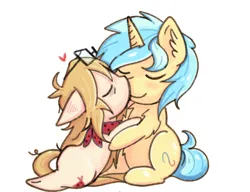 Size: 2338x1791 | Tagged: safe, artist:coco-drillo, derpibooru import, oc, oc:cocodrillo, oc:dex, unofficial characters only, earth pony, pony, unicorn, chest fluff, chibi, clothes, codex, couple, cute, ear fluff, eyes closed, floppy ears, glasses, image, kissing, leaning forward, lying down, messy mane, nose kiss, oc x oc, png, scarf, shipping, simple background, sitting, white background