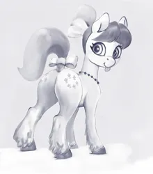 Size: 1410x1600 | Tagged: safe, artist:ponsce, derpibooru import, posey (g5), earth pony, pony, bow, butt, female, g5, hair bow, image, jewelry, jpeg, looking at you, looking back, looking back at you, mare, monochrome, necklace, plot, ponytail, poseybetes, smiling, solo, tail, tail bow, tongue out, unshorn fetlocks