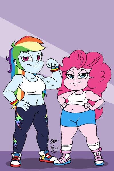 Size: 730x1094 | Tagged: safe, artist:tmntsam, derpibooru import, pinkie pie, rainbow dash, human, equestria girls, belly button, clothes, converse, duo, duo female, fat, female, flexing, image, jpeg, midriff, muscles, pudgy pie, rainbuff dash, shoes, short, tanktop, vein bulge