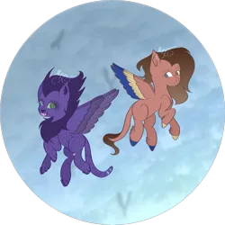 Size: 4450x4450 | Tagged: safe, artist:thecommandermiky, derpibooru import, oc, cheetah, hybrid, pegasus, pony, chest fluff, ear fluff, female, flying, image, mare, oc x oc, png, purple hair, shipping, sky, spread wings, wings