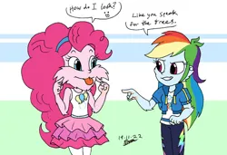 Size: 1024x700 | Tagged: safe, artist:tmntsam, derpibooru import, pinkie pie, rainbow dash, equestria girls, :p, beard, cheek fluff, dialogue, duo, duo female, facial hair, female, fur, furry human, image, jpeg, moustache, speech bubble, the lorax, tongue out