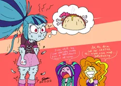 Size: 1024x724 | Tagged: safe, artist:tmntsam, derpibooru import, adagio dazzle, aria blaze, pinkie pie, sonata dusk, human, equestria girls, abuse, angry, cross-popping veins, dialogue, emanata, feather, fluffy, food, furry human, grin, image, jpeg, pinkiebuse, puffy cheeks, smiling, taco, the dazzlings, thought bubble