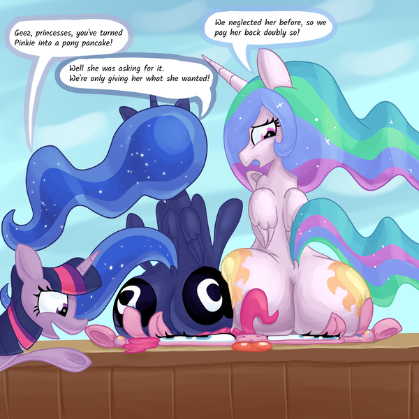 Size: 2000x2000 | Tagged: suggestive, artist:noctulov, derpibooru import, pinkie pie, princess celestia, princess luna, twilight sparkle, twilight sparkle (alicorn), alicorn, earth pony, pony, both cutie marks, butt, butt squish, butt touch, cartoon physics, dialogue, dock, faceful of ass, facesitting, female, flattened, high res, image, large butt, looking back, looking down, mare, moonbutt, open mouth, open smile, plot, png, shape change, sitting, sitting on, sitting on person, sitting on pony, smiling, speech bubble, squished, sunbutt, tail, tongue out, underhoof, wat, wide eyes