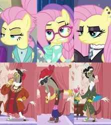 Size: 2732x3072 | Tagged: safe, derpibooru import, edit, edited screencap, screencap, discord, fluttershy, discordant harmony, fake it 'til you make it, accessories, alternate clothes, alternate hairstyle, ascot, braid, cane, carpet, clothes, cropped, curtains, dapper, discoshy, dress, ear piercing, earring, eyeshadow, fashion, female, fluttergoth, gangsta, glasses, hair bun, hat, henry vii, hipstershy, image, jewelry, leggings, makeup, male, medallion, pants, piercing, png, scarf, severshy, shipping, shipping domino, shoes, straight, suit, sunglasses, underwear, waistband, watch, wig