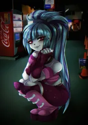 Size: 627x885 | Tagged: safe, artist:granatty, derpibooru import, sonata dusk, siren, equestria girls, boots, clothes, coca-cola, disguise, disguised siren, image, looking at you, png, ponytail, shoes, smiling, solo, squatting, tanktop, traffic cone, vending machine