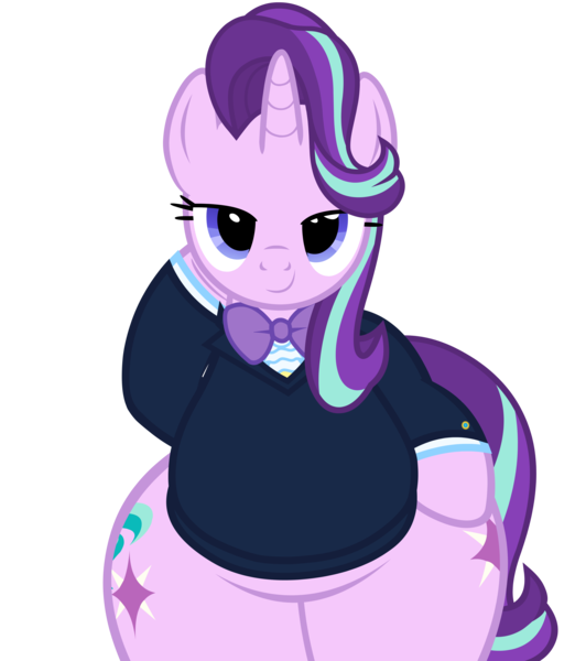 Size: 5600x6435 | Tagged: safe, artist:duskyzombie, derpibooru import, starlight glimmer, pony, unicorn, absurd resolution, belly, bipedal, both cutie marks, bottom heavy, bowtie, butt, chubby, clothes, cute, female, glimmer glutes, glimmerbetes, hoof on hip, image, large butt, lidded eyes, looking at you, mare, plot, plump, png, simple background, smiling, solo, suit, the ass was fat, transparent background, vector, wide hips