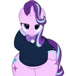 Size: 5600x6435 | Tagged: safe, artist:duskyzombie, derpibooru import, starlight glimmer, pony, unicorn, absurd resolution, belly, bipedal, both cutie marks, bottom heavy, bowtie, butt, chubby, clothes, cute, female, glimmer glutes, glimmerbetes, hoof on hip, image, large butt, lidded eyes, looking at you, mare, plot, plump, png, simple background, smiling, solo, suit, the ass was fat, transparent background, vector, wide hips