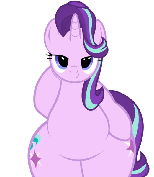 Size: 5600x6435 | Tagged: safe, alternate version, artist:duskyzombie, derpibooru import, starlight glimmer, pony, unicorn, absurd resolution, belly, bipedal, both cutie marks, bottom heavy, butt, chubby, cute, female, glimmer glutes, glimmerbetes, hoof on hip, image, large butt, lidded eyes, looking at you, mare, plot, plump, png, simple background, smiling, solo, the ass was fat, transparent background, vector, wide hips