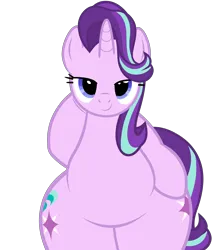 Size: 5600x6435 | Tagged: safe, alternate version, artist:duskyzombie, derpibooru import, starlight glimmer, pony, unicorn, absurd resolution, belly, bipedal, both cutie marks, bottom heavy, butt, chubby, cute, female, glimmer glutes, glimmerbetes, hoof on hip, image, large butt, lidded eyes, looking at you, mare, plot, plump, png, simple background, smiling, solo, the ass was fat, transparent background, vector, wide hips