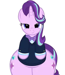 Size: 5600x6435 | Tagged: safe, alternate version, artist:duskyzombie, derpibooru import, starlight glimmer, pony, unicorn, absurd resolution, belly, bipedal, both cutie marks, bottom heavy, bowtie, butt, chubby, clothes, cute, female, glimmer glutes, glimmerbetes, image, large butt, lidded eyes, looking at you, mare, plot, plump, png, simple background, smiling, solo, suit, the ass was fat, transparent background, vector, wide hips