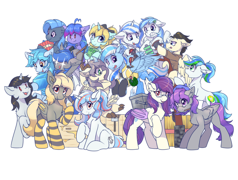 Size: 4096x3112 | Tagged: safe, artist:ravistdash, derpibooru import, oc, oc:diamonody, oc:moontrace, oc:ravist, oc:sharlight twiler, oc:skywalk shadow, oc:sunset cloudy, unofficial characters only, alicorn, bat pony, bee, dracony, dragon, earth pony, hybrid, insect, pegasus, pony, unicorn, derpibooru community collaboration, 2023 community collab, bat pony oc, bat wings, clothes, derpibooru exclusive, diamond, explosives, female, food, green eyes, honey, image, looking at each other, looking at someone, male, minecraft, multicolored hair, pegasus oc, pickaxe, png, simple background, sitting, smiling, spread wings, tnt, transparent background, wings