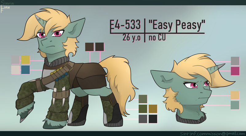 Size: 2700x1500 | Tagged: safe, artist:sinrinf, derpibooru import, oc, oc:e4-533, oc:easy peasy, unofficial characters only, pony, unicorn, fallout equestria, clothes, commission, female, image, mare, png, reference sheet, solo, ych result, your character here