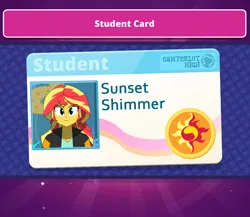 Size: 1124x976 | Tagged: safe, alternate version, artist:altynp, derpibooru import, part of a set, sunset shimmer, human, equestria girls, friendship games, female, id card, image, jpeg, smiling, solo