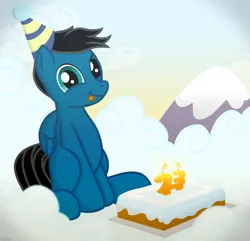 Size: 6860x6600 | Tagged: safe, artist:agkandphotomaker2000, derpibooru import, oc, oc:pony video maker, unofficial characters only, pegasus, pony, birthday, birthday cake, cake, candle, cloud, folded wings, food, hat, image, looking at you, mountain, party hat, png, show accurate, sitting, tongue out, wings