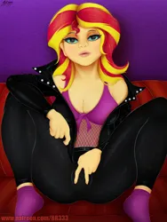 Size: 900x1200 | Tagged: suggestive, artist:br333, derpibooru import, sunset shimmer, human, equestria girls, big breasts, bra, breasts, cameltoe, clothes, female, image, jacket, leather, leather jacket, looking at you, nudity, png, socks, spread legs, spreading, underwear, vulva