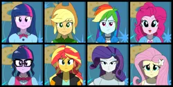 Size: 4850x2450 | Tagged: safe, artist:altynp, derpibooru import, part of a set, applejack, fluttershy, pinkie pie, rainbow dash, rarity, sci-twi, sunset shimmer, twilight sparkle, human, equestria girls, bedroom eyes, bust, eye clipping through hair, eyebrows, eyebrows visible through hair, female, gallery, glasses, high res, humane eight, humane five, humane seven, humane six, image, jpeg, nervous, open mouth, open smile, portrait, smiling, smirk, twolight
