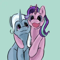 Size: 2048x2048 | Tagged: safe, artist:nuclearspaghetti, derpibooru import, starlight glimmer, trixie, pony, unicorn, arm on shoulder, female, hug, image, jpeg, lesbian, open mouth, open smile, shipping, smiling, startrix