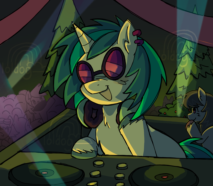 Size: 2376x2071 | Tagged: safe, artist:loldog06, derpibooru import, octavia melody, vinyl scratch, earth pony, pony, unicorn, concert, crowd, female, image, mare, party, png, rave, solo focus, turntable