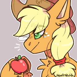 Size: 1000x1000 | Tagged: safe, artist:heart-sketch, derpibooru import, applejack, earth pony, pony, animated, apple, bust, chest fluff, eye clipping through hair, female, food, gif, image, mare, portrait, signature, simple background, smiling, solo