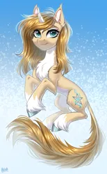Size: 2000x3250 | Tagged: safe, artist:hakaina, derpibooru import, oc, unofficial characters only, pony, unicorn, abstract background, beautiful, belly, cheek fluff, chest fluff, coat markings, colored, colored belly, curved horn, cute, ear fluff, eyebrows, eyelashes, facial markings, female, fluffy, high res, hoof fluff, horn, image, leg fluff, leonine tail, long tail, looking at you, mare, ocbetes, pale belly, png, raised hoof, raised hooves, shading, signature, slim, smiling, smiling at you, socks (coat marking), solo, tail, tail fluff, thin, three quarter view, unicorn oc, unshorn fetlocks