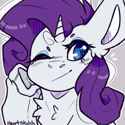 Size: 1000x1000 | Tagged: safe, artist:heart-sketch, derpibooru import, rarity, pony, unicorn, animated, bust, chest fluff, female, gif, hoof on cheek, image, mare, one eye closed, portrait, signature, simple background, smiling, solo, wink