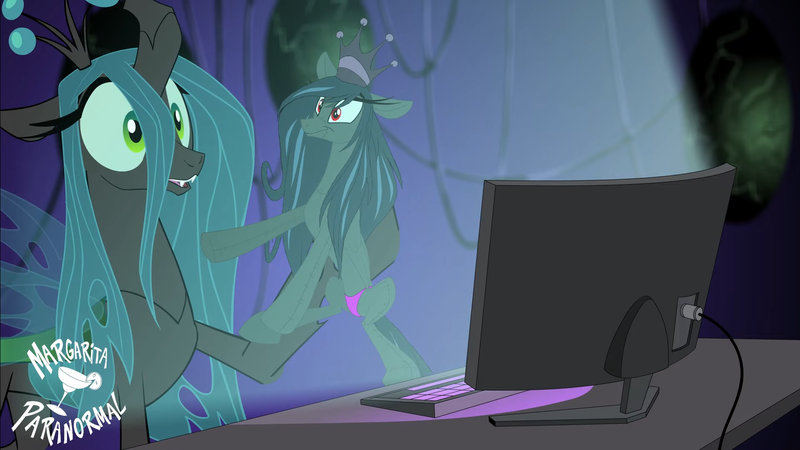 Size: 1920x1080 | Tagged: safe, derpibooru import, queen chrysalis, oc, oc:lustrous (shawn keller), guardians of pondonia, image, monitor, png