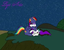 Size: 2494x1958 | Tagged: safe, artist:linedraweer, derpibooru import, oc, oc:flora, oc:rainbow lightspeed, unofficial characters only, pegasus, pony, crying, cuddling, hug, image, night, png, stars, wings