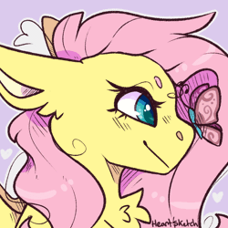 Size: 1000x1000 | Tagged: safe, artist:heart-sketch, derpibooru import, fluttershy, butterfly, insect, pegasus, pony, animated, beanbrows, bust, butterfly on nose, chest fluff, eyebrows, female, gif, heart, image, insect on nose, mare, pink background, portrait, signature, simple background, smiling, solo