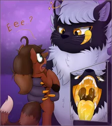 Size: 3000x3366 | Tagged: suggestive, artist:triksa, derpibooru import, oc, oc:archimedes, oc:maia, cat, earth pony, claws, fluffy, furry, furry oc, image, implied vore, mawshot, open mouth, png, simple background, size difference, tongue out