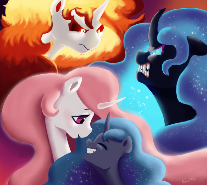 Size: 1900x1700 | Tagged: safe, artist:justgaduh, derpibooru import, daybreaker, nightmare moon, princess celestia, princess luna, pony, angry, duality, ethereal mane, eyes closed, female, filly, foal, grin, image, looking at each other, looking at someone, mane of fire, mare, pink-mane celestia, png, royal sisters, scowl, sharp teeth, siblings, signature, sisters, smiling, teeth, woona, younger