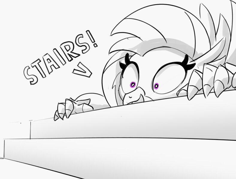 Size: 1427x1086 | Tagged: safe, artist:pabbley, derpibooru import, silverstream, classical hippogriff, hippogriff, cute, diastreamies, female, grayscale, image, jpeg, monochrome, partial color, simple background, solo, stairs, that hippogriff sure does love stairs, white background