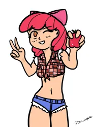 Size: 1077x1456 | Tagged: safe, artist:zan logemlor, derpibooru import, apple bloom, human, apple, belly button, clothes, daisy dukes, flannel, food, humanized, image, midriff, peace sign, png, sexy, shorts, simple background, smiling, solo, white background