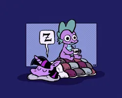 Size: 1500x1200 | Tagged: safe, artist:horsewizardart, derpibooru import, spike, twilight sparkle, dragon, pony, unicorn, blanket, coffee, cup, duo, eyes closed, female, image, male, mare, mug, onomatopoeia, pillow, png, sitting, sleeping, sound effects, teacup, unicorn twilight, wide eyes, zzz