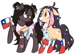 Size: 1496x1080 | Tagged: safe, artist:metaruscarlet, derpibooru import, oc, oc:isla sun, oc:violetta, ponified, unofficial characters only, earth pony, pony, rabbit, derpibooru community collaboration, 2023 community collab, animal, chile, clothes, dress, duo, ear piercing, earring, female, flag, image, jewelry, looking at each other, looking at someone, mare, markings, multicolored hair, necklace, piercing, plushie, png, ponified oc, raised hoof, simple background, socks, stockings, tattoo, thigh highs, toy, transparent background
