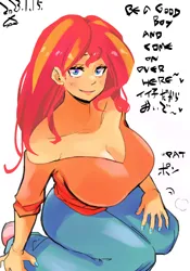 Size: 1400x2000 | Tagged: safe, artist:sozglitch, derpibooru import, sunset shimmer, human, equestria girls, big breasts, bilingual, breasts, busty sunset shimmer, cleavage, clothes, denim, english, huge breasts, image, japanese, jeans, jpeg, kneeling, looking at you, moon runes, off shoulder, pants, simple background, smiling, smiling at you, solo, talking to viewer, white background