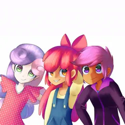 Size: 1200x1200 | Tagged: safe, artist:andromedasparkz, derpibooru import, apple bloom, scootaloo, sweetie belle, human, arm behind head, cutie mark crusaders, female, humanized, image, jpeg, looking at you, simple background, smiling, white background