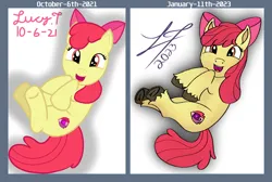 Size: 1466x988 | Tagged: safe, artist:lucytwostickz, derpibooru import, apple bloom, earth pony, pony, comparison, female, filly, foal, image, png, side by side, solo
