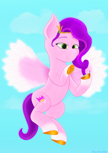 Size: 2480x3508 | Tagged: safe, artist:samenandsam, derpibooru import, pipp petals, pegasus, pony, my little pony: a new generation, colored hooves, female, g5, high res, image, jewelry, looking at you, mare, mobile phone, phone, png, simple background, smartphone, smiling, smiling at you, solo, tiara, wings
