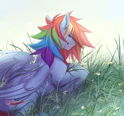 Size: 2653x2488 | Tagged: safe, artist:1an1, derpibooru import, rainbow dash, pegasus, pony, backwards cutie mark, crying, cutie mark, emotional, emotions, eyes closed, female, grass, high res, image, lying down, mixed emotions, mixed expressions, png, prone, smiling, solo, tears of joy, updated image