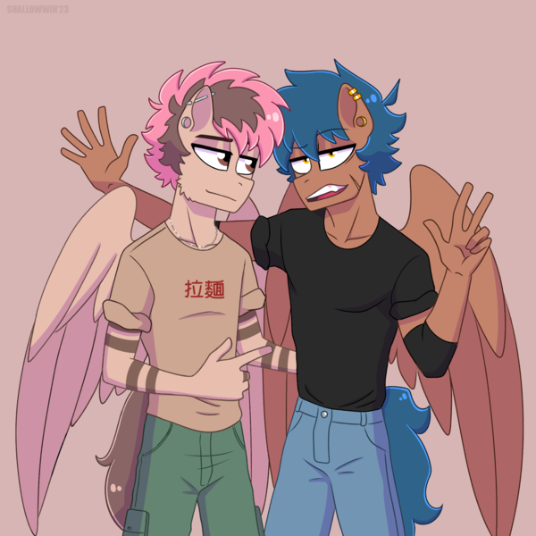 Size: 2048x2048 | Tagged: safe, artist:shallowwin, derpibooru import, oc, anthro, human, pony, anthro oc, clothes, ear piercing, folded wings, gay, humanized, image, male, piercing, png, ponysona, scar, stallion, wings