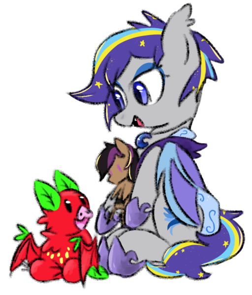 Size: 879x1031 | Tagged: safe, artist:metaruscarlet, derpibooru import, stellar eclipse, oc, oc:ambrosia, oc:night lark, unofficial characters only, bat, bat pony, fruit bat, pegasus, pony, derpibooru community collaboration, 2023 community collab, armor, bat pony oc, bat wings, canon x oc, eyeshadow, fangs, female, hoof shoes, image, makeup, male, mare, multicolored hair, open mouth, pet, plushie, png, shipping, simple background, sitting, solo, stallion, stellarnight, straight, transparent background, wings