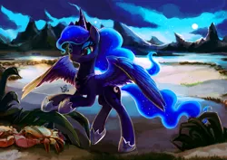 Size: 2283x1614 | Tagged: safe, artist:eiolf, derpibooru import, princess luna, alicorn, crab, pony, beach, cloud, crown, ethereal mane, female, galaxy mane, horn, image, jewelry, mare, moon, mountain, night, painting, png, regalia, smiling, solo, spread wings, starry mane, starry tail, tail, wings