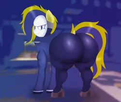 Size: 1980x1673 | Tagged: suggestive, artist:isaac_pony, derpibooru import, oc, oc:petit bleu, oc:petit rouge, unofficial characters only, earth pony, pony, ass, back, butt, clothes, dock, extra thicc, female, hooves, huge butt, image, large butt, looking at you, looking back, looking back at you, mane, mask, plot, png, raised hoof, simple background, solo, solo female, spy, suit, tail, team fortress 2, tied, valve, vector